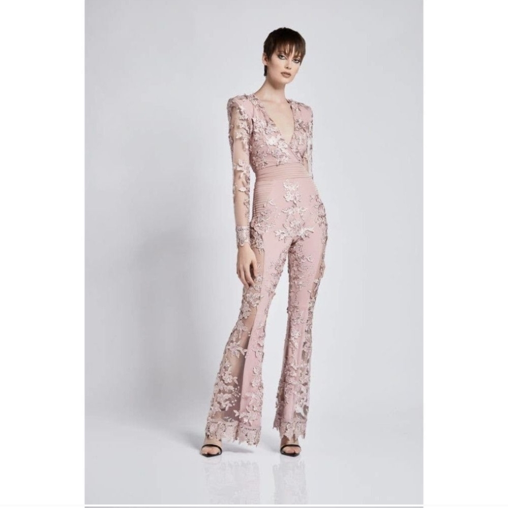 Zhivago Blush Pink Lace Jumpsuit with Floral Appliqué